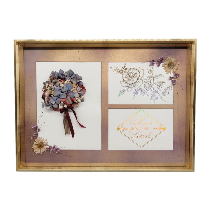 Tablou decorativ 3D, buchetel flori stabilizate, ilustratii holografice, rama aurie, 43x33 cm