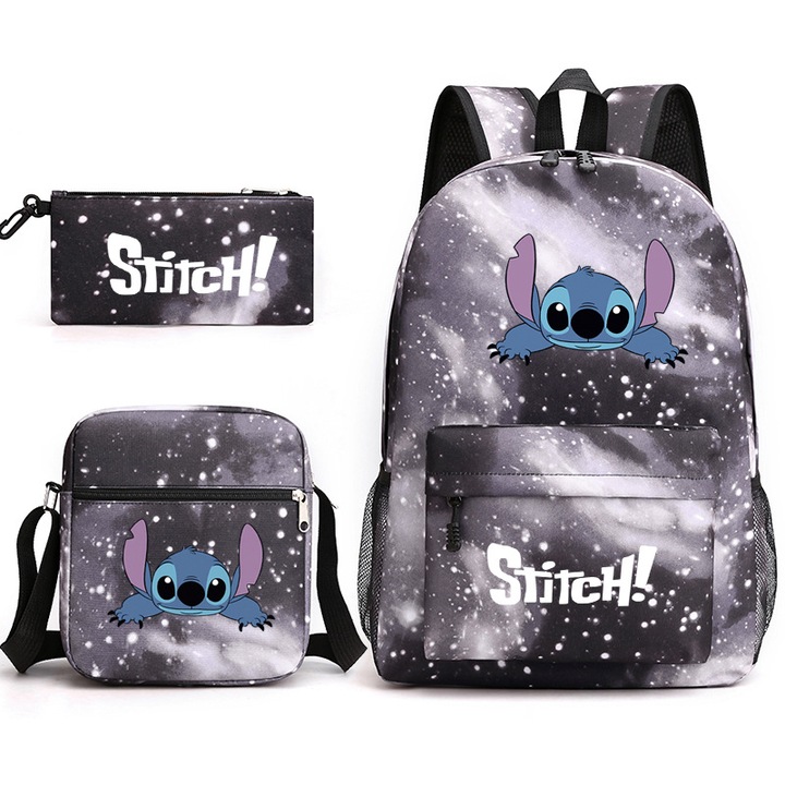 3 darabos gyerek szett, Lilo és Stitch, Dicollas® ergonomikus, vízálló, 45x32x13cm, Csillagos szürke