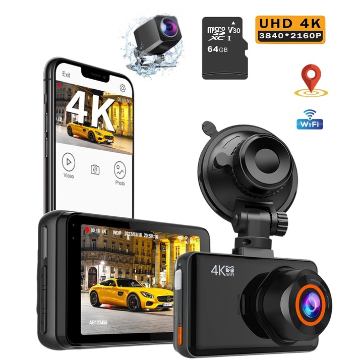 DVR камера за автомобил, V27 Versatyx®, 4K предна 2K задна, 64GB карта включена, GPS и WiFi, G сензор и цикъл на запис, помощ при паркиране, 24H режим на защита, специално приложение, WDR и UHD нощно виждане, 170° и 150° зрително поле