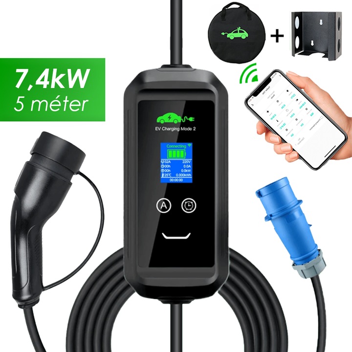 Преносимо WIFI зарядно за електрически автомобил, 5 метра, 7.4kW, ТИП 2, 32A, NEVBY Smiling WI-Fi + приложение, (1X32A) 1 фаза, зарядно за стена, 2 бр. аксесоари
