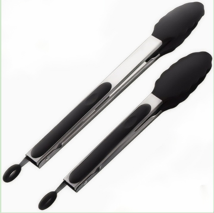 Set 2 Clesti de bucatarie din inox si silicon, rezistent la caldura, negru/argintiu, 27x3.5x0.8cm