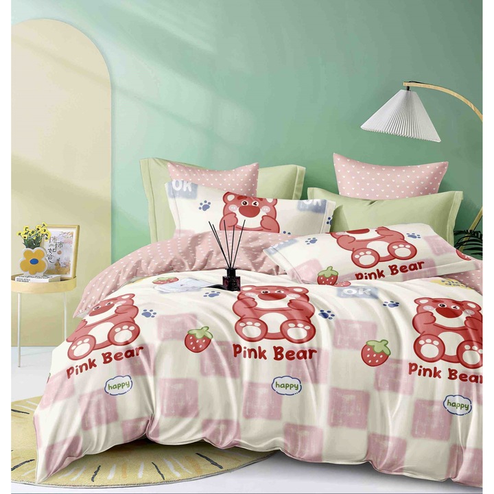 Lenjerie de pat, 4 piese, 1 persoana, cearceaf de pat 155x230cm, cearceaf de pilota 155x205cm, 2 fete de perna 55x80cm, Finet, Multicolor, M 13