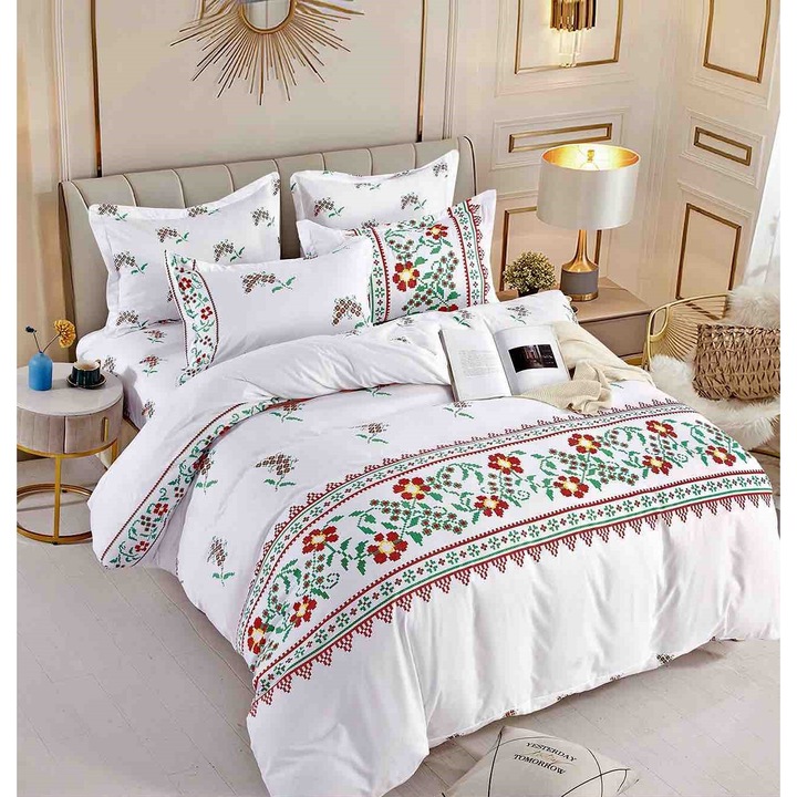 Lenjerie de pat, 4 piese, 1 persoana, cearceaf de pat 155x230cm, cearceaf de pilota 155x205cm, 2 fete de perna 55x80cm, Finet, Multicolor, M 35