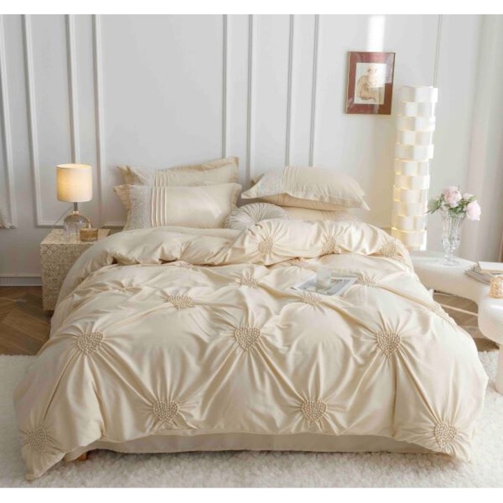 Спално бельо, 2 лица, фино, 6 бр., Elegant Deluxe Uni, с бродерия на гънки сърце, светло кремаво, 230x250 см j1