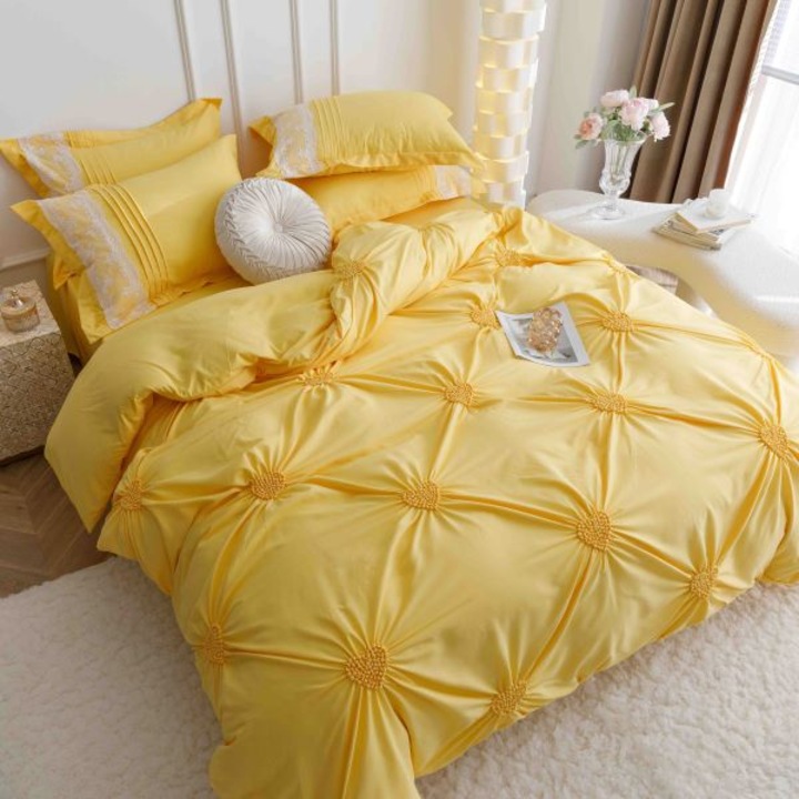 Спално бельо, 2 лица, фино, 6 части, Elegant Deluxe Uni, с бродерия Сърце на гънки, жълто, 230x250 см j8