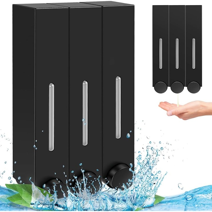 Dozator de dus triplu, 3 x 420ml, pentru sampon si balsam, negru, montare pe perete