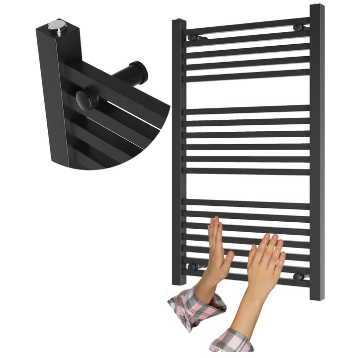 Radiator de baie, Granitan, Bergen, scara, 100x60 cm, 530W, 1/2", Conexiune inferioara, Negru