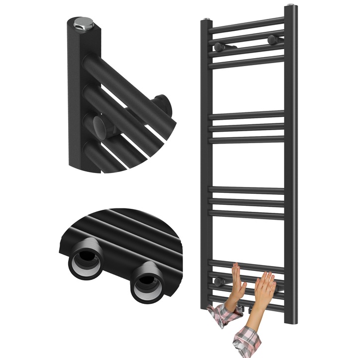 Radiator de baie, Granitan, Raven, scara, 100x40 cm, 331W, 1/2", Conexiune inferioara, electric, Negru