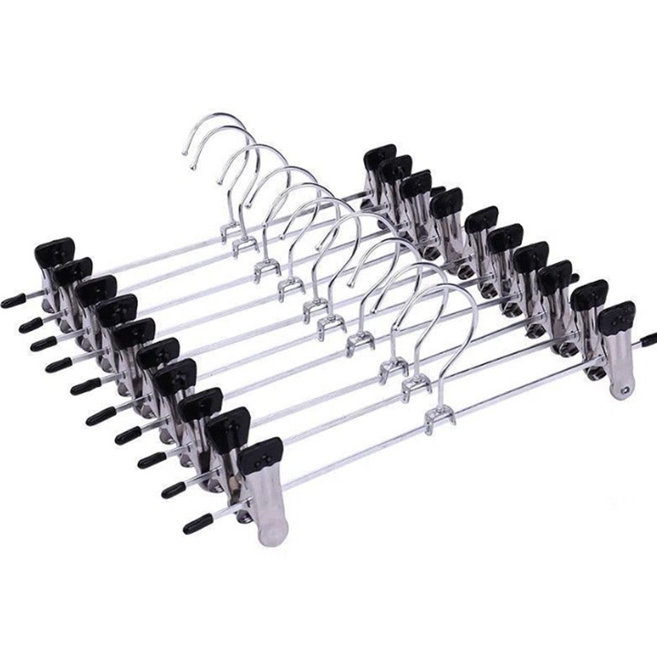 Комплект от 10 закачалки с щипки, Axroad Mall, неплъзгащи се, устойчиви на ръжда, не се огъват или деформират, въртяща се на 360 градуса кука, регулируеми, за окачване на костюми, панталони, ризи, поли, метал/пластмаса, 30 см, сребристо/черно