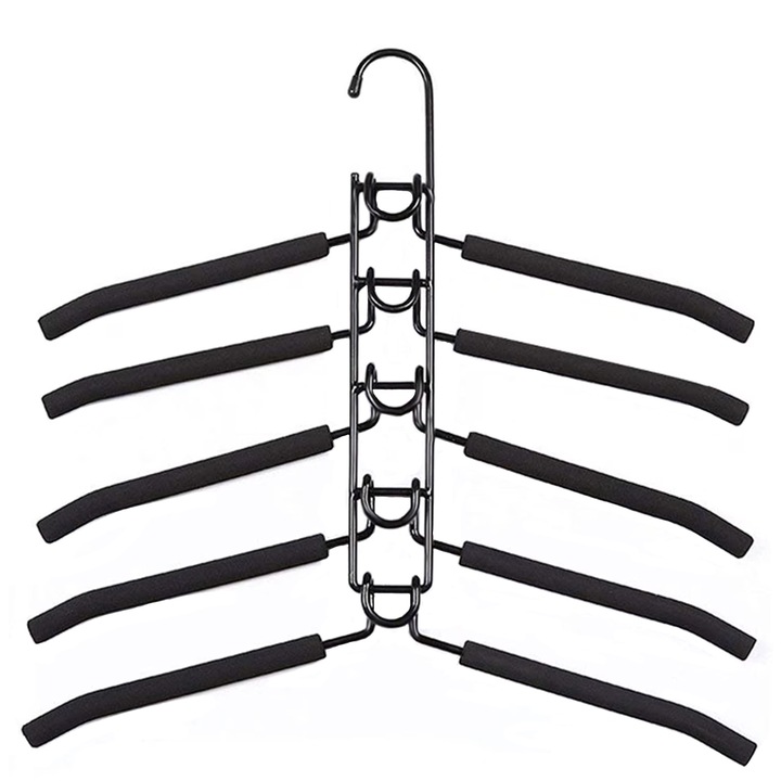 Закачалки и държачи за дрехи 5 в 1, Axroad Mall, неплъзгащи се, подвижни, въртяща се на 360 градуса кука, поддържат формата на дрехите, не се огъват или деформират, за организирано пространство, EVA/желязо, 39,5*40 см, черни