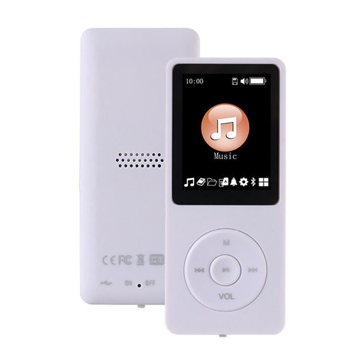 Преносим MP3 плейър, 32GB, с високоговорител и слушалки, бял, пълен комплект
