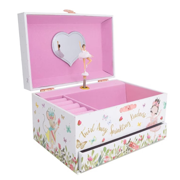 Cutie Muzicala Cu Balerina, Axroad Mall, Cu oglinda, compartimente multifunctionale, sertar, design unic, Recomandata copiilor cu varsta de peste 3 ani, Pentru depozitarea bijuteriilor, Lemn, 18x11.4x10cm, Multicolor