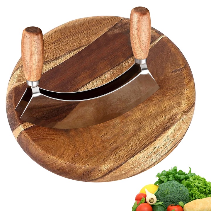 Set Mezzaluna - Tavita de taiere din lemn de acacia si cutit rotund pentru legume, 20x20 cm, ideal pentru gatit in bucatarie - CENYEDA