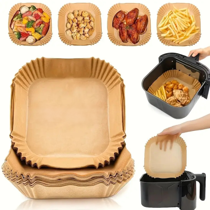 Hartie de Copt CCmax de Unica Folosinta pentru Air Fryer, Cuptor si Friteuza, 100 Bucati, Maro Natur, Dimensiune 20x20x4.5 cm, Forma Patrat