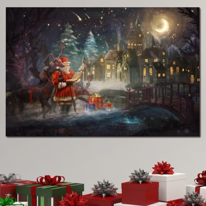 Tablou Canvas Premium, LuxCanva® D1003, Lista lui Mos Craciun, 80 X 120 CM, Panza Bumbac 100% 400g/m2, Sasiu Lemn, Daruri, Reni, Munti, Alb, Ajun, Sanie, Camera copii, Dormitor