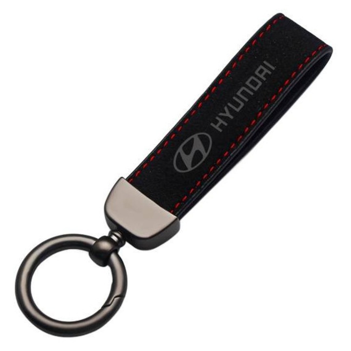 Breloc pentru barbati, Hyundai, Piele naturala, Inel aluminiu, 2 x 13.3 cm, Negru