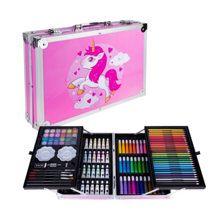 Set artistic 145 elemente, valiza unicorn, roz