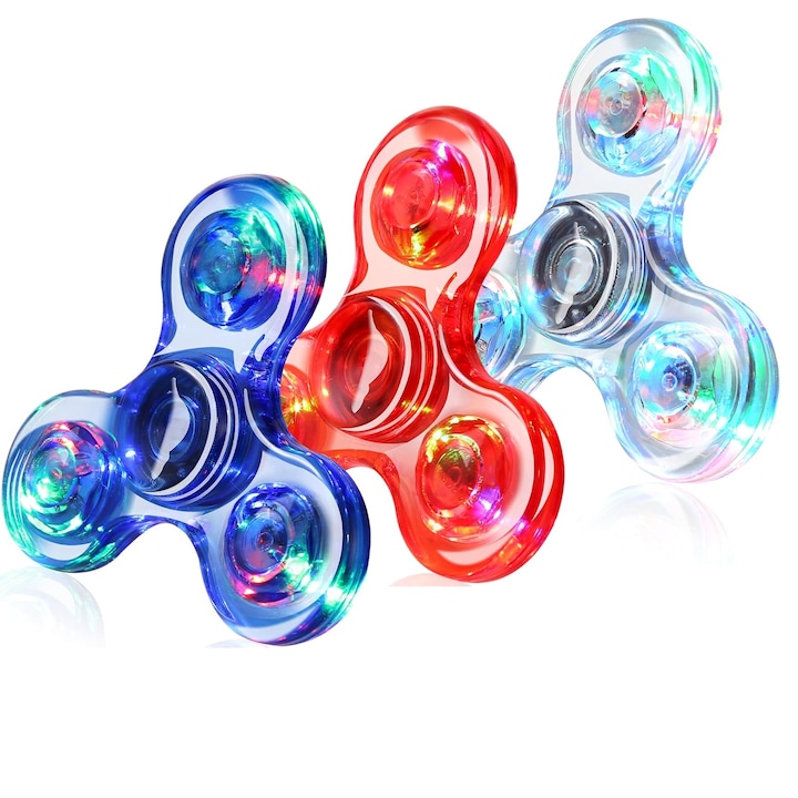 3 db Fidget Spinner készlet, Axroad Mall, Többszínű LED-ekkel és akkumulátorral, Stresszmentes, Ergonomikus, Hordozható, Pihenéshez és játékhoz, Gyerekeknek és felnőtteknek, Műanyag, 7,5*7,5 cm, Átlátszó/Piros/Kék