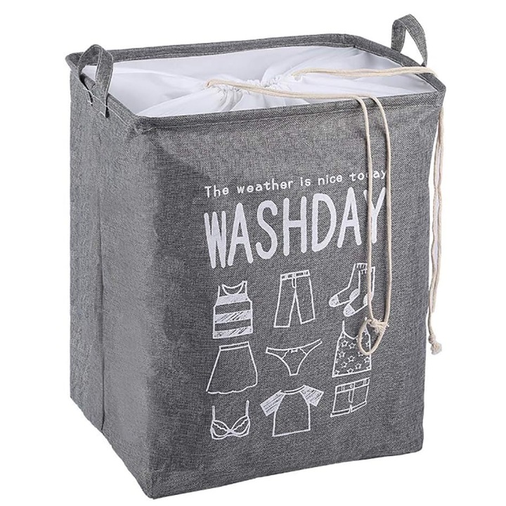 Кош за пране, Axroad Mall, Сгъваем, 2 дръжки, Устойчив на износване, водоустойчив, прахоустойчив, С шнур и щампа, Може да се пере, За дрехи играчки в спалнята и в семейството, Платно/памук, 53x43x32 см, 75 литра, Сив