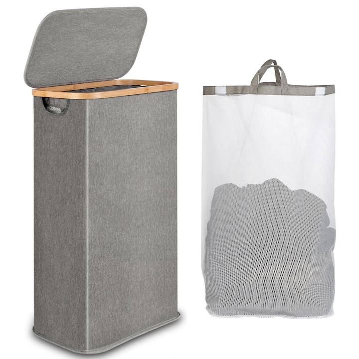 Cos de Rufe Pliabil, Axroad Mall, Cu capac si saci de rufe detasabili, Rezistent uzura, Impermeabil, Praf, Pentru jucarii de haine in dormitor si in familie, Panza oxford/Bambus, 40.5*33*75cm, 110 litri, Gri
