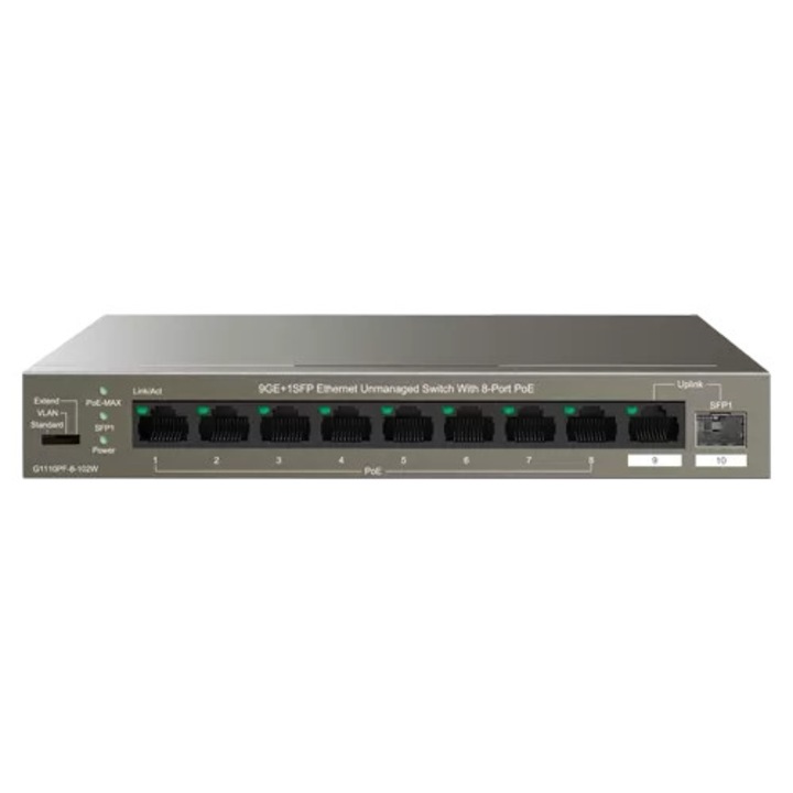 Switch 8 porturi Gigabit PoE, 1 x RJ45 Gigabit Uplink, 1 x SFP Gigabit Uplink - IP-COM G1110PF-8-102W