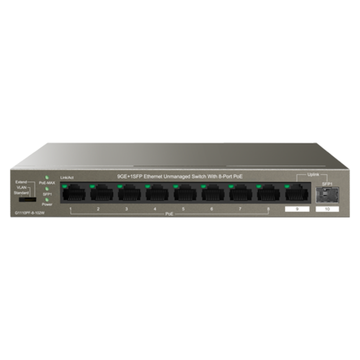 Switch 8 Gigabit PoE port, 1 x RJ45 Gigabit Uplink, 1 x SFP Gigabit Uplink - IP-COM G1110PF-8-102W