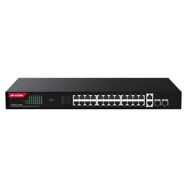 Switch 24 porturi Gigabit PoE, 2 x RJ45 Uplink Gigabit, 2 x SFP Gigabit, 1U - IP-COM G1128P-24-410W