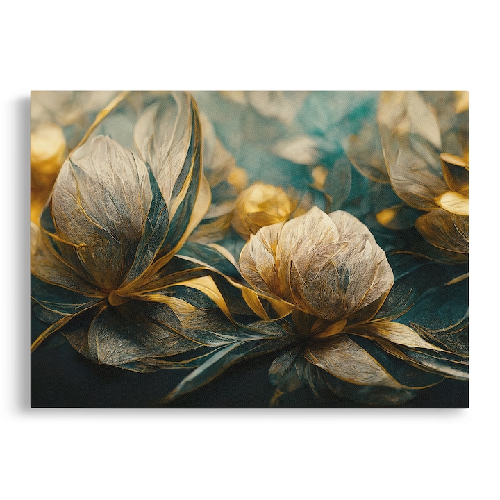 Tablou Canvas, Dormitor, Living, Floral, Modern, Verde si Auriu, 80x120 cm
