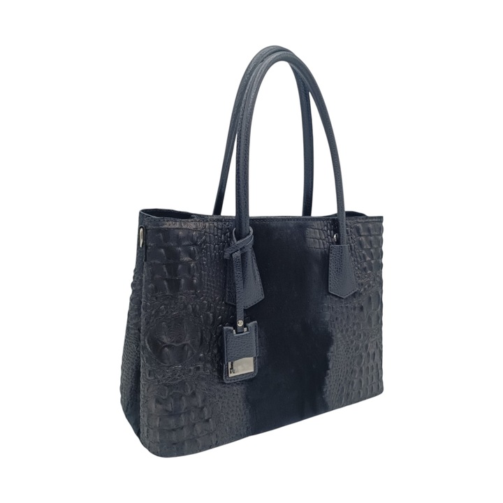 Дамска чанта, EVoStyle GO82, смес от естествена и велурена кожа, черна, 34 x 24,5 x 15,3 cm