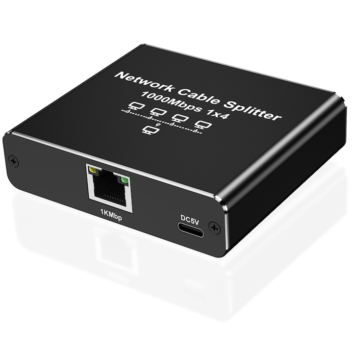 Сплитер Gigabit Ethernet 1 до 4, 1000Mbps LAN (4 устройства в едновременна мрежа), RJ45 сплитер адаптер с USB захранващ кабел, за кабел Cat5/5e/6/7/8