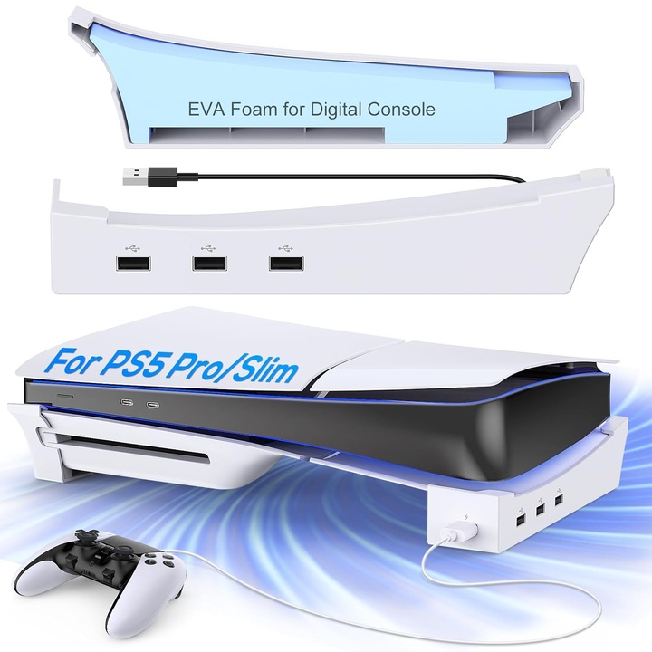 Vízszintes állvány PS5 Slim/PS5 Pro konzolhoz 4 USB-porttal, alapállvány PlayStation 5 Slim/Pro konzolhoz, USB 2.0 adatátvitelhez és töltéshez, nem kompatibilis a PS5 szabványos konzollal