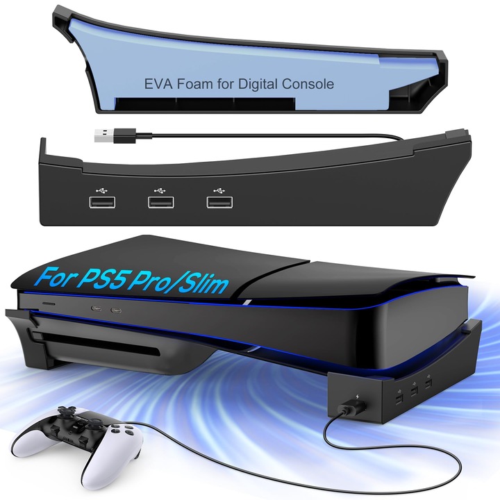 Vízszintes állvány PS5 Slim/PS5 Pro konzolhoz 4 USB-porttal, alapállvány PlayStation 5 Slim/Pro konzolhoz, USB 2.0 adatátvitelhez és töltéshez, nem kompatibilis a PS5 szabványos konzollal, fekete