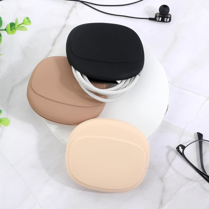 Organizator de casti din silicon-carcasa de stocare a cablurilor de date-Mini cutie de chei-Organizator portabil(Negru+Maro+Bej 3 bucati)