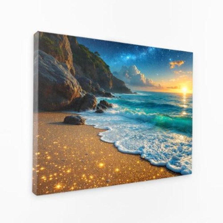 Картина върху платно - Океански вълни, залез, плаж - 80x120 см