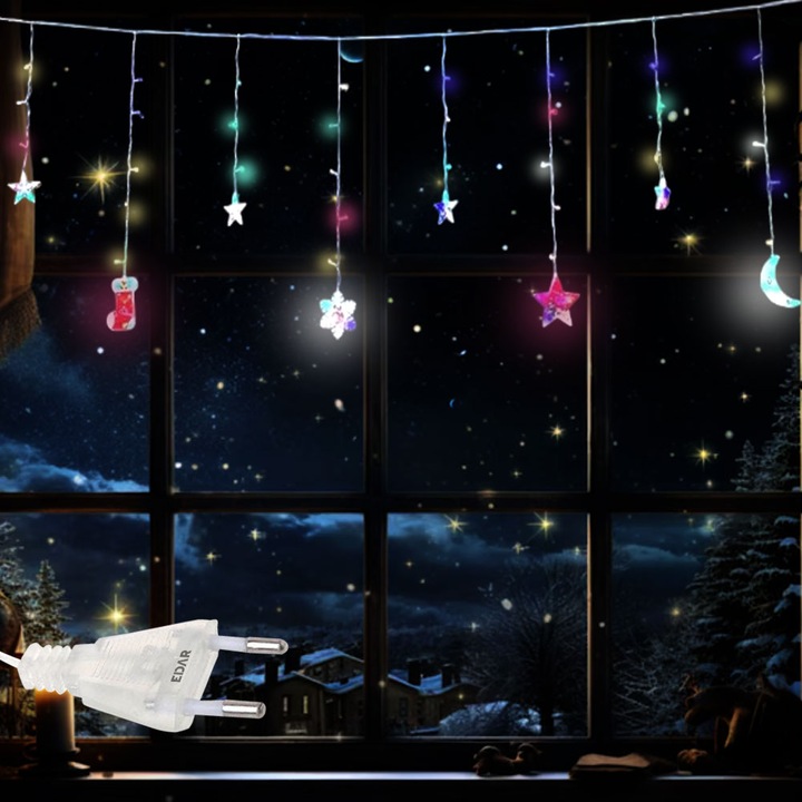 Instalatie Craciun EDAR Tip Perdea Luminoasa Cu Stele, Luna, Brad Fulg De Nea, Stele Cazatoare, "Merry Chrismas", Lungime 3M, Interconectabila, 8 Moduri De Lumina, Multicolor