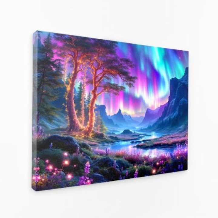 Картина на платно - Рисуван пейзаж с планини, вода и дърво - 50x100 cm