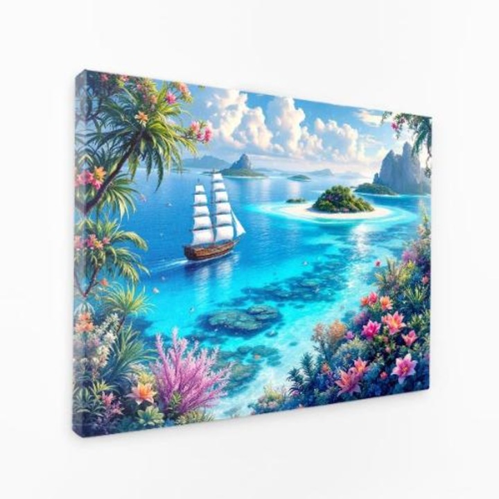 Картина на платно - Рисуван пейзаж с платноходка и остров - 30x50 см