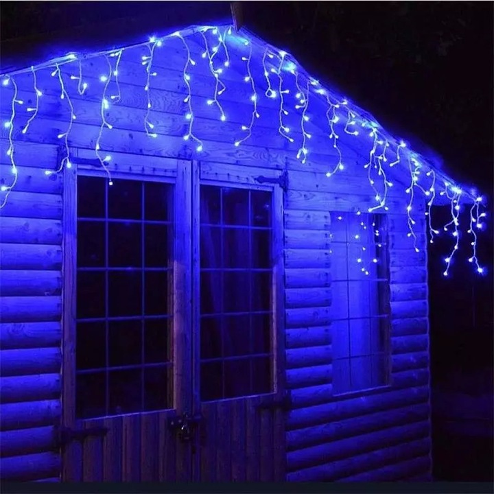 Instalatie Craciun Turturi SIKS, Ghirlanda Curgatoare, 12 m, 300 LED-uri, 8 Jocuri de Lumini, Franjuri, Exterior/Interior, Fir Alb, Interconectabila, Albastru