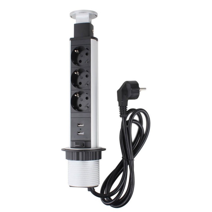Priza schuko incastrabila in blat de birou sau bucatarie, 3 posturi 220-240VAC 16A + 2 prize USB cablu 1.8m, pop-up