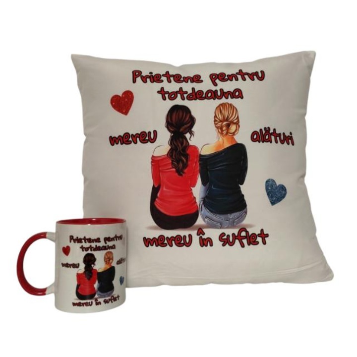 Персонализиран комплект възглавница и чаша, модел Friends forever, бял, 330 мл, 40x40 см