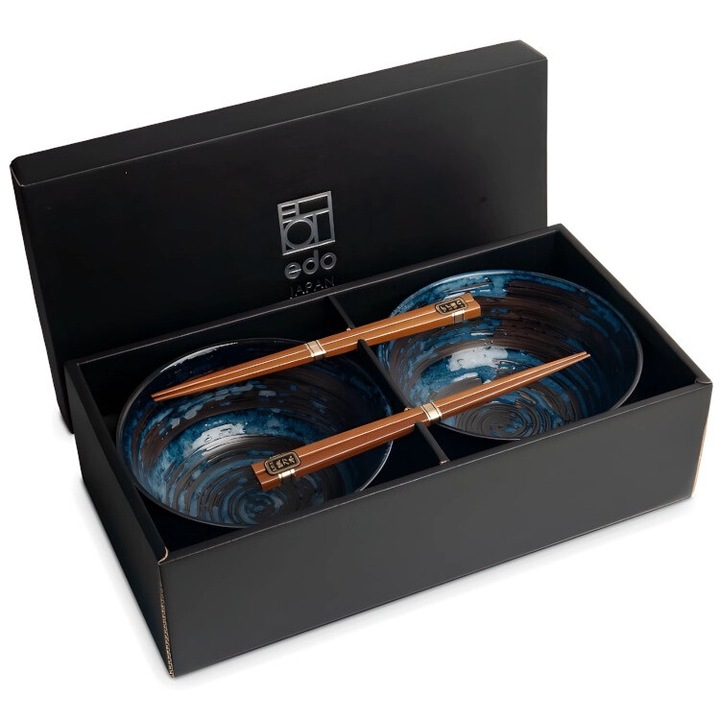 Set boluri servire Udon Uzu, Edo Japan, ceramica, albastru, 17x8,5cm, 4 piese