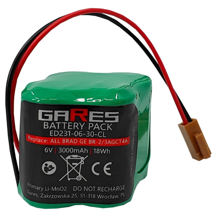 Gares akkumulátor, 6V 3Ah Li-MnO2, kompatibilis ALLEN BRADLEY GE BR-2/3AGCT4A-hoz