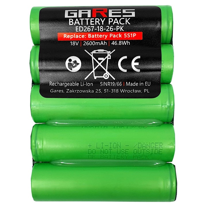 Baterie Gares, 18V 2.6Ah Li-Ion, 5S1P, Conector SM 2Pin