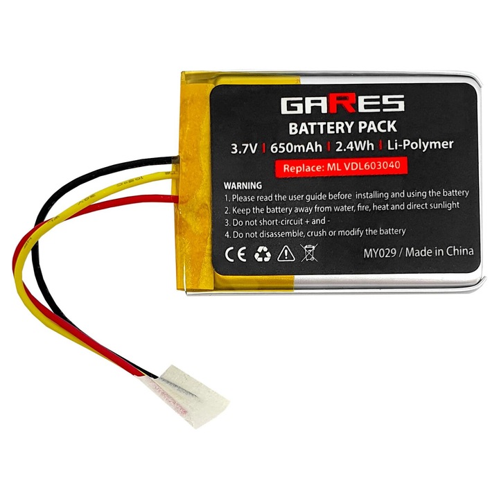 Батерия Gares, 3.7V 0.65Ah Li-Po, съвместима с Marshall VDL603040