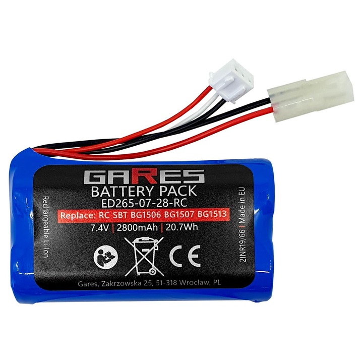 Baterie Gares, 7.4V 2.8Ah Li-Ion, compatibil cu modele RC SUBOTECH BG1506 BG1507 BG1513, Conector SM 2Pin