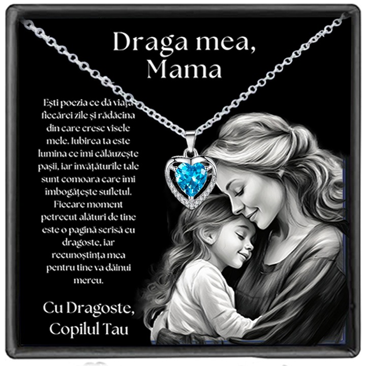 Set Cadou pentru Mama de la Fiu/Fiica Colier Argint 925 piatra zirconiu inimioara, cutiuta personalizata cu felicitare de iubire hug cadou special pentru Cadou Craciun, Cadou ziua mamei, cadou 8 martie, cadou paste, cadou martisor etc