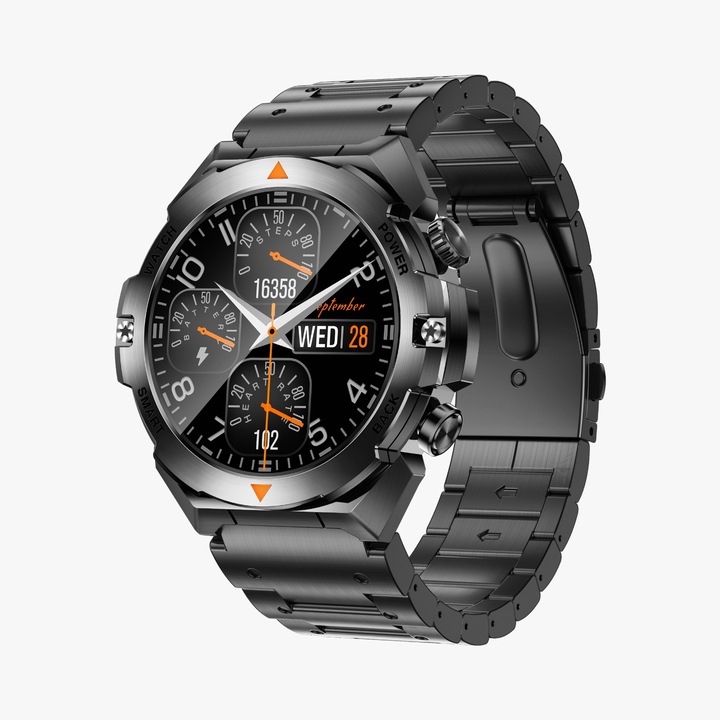 Smartwatch D01 cu curea metalica, 40mm, AI asisent, 120 + moduri sport, IP68, aplicatie DaFit, Negru