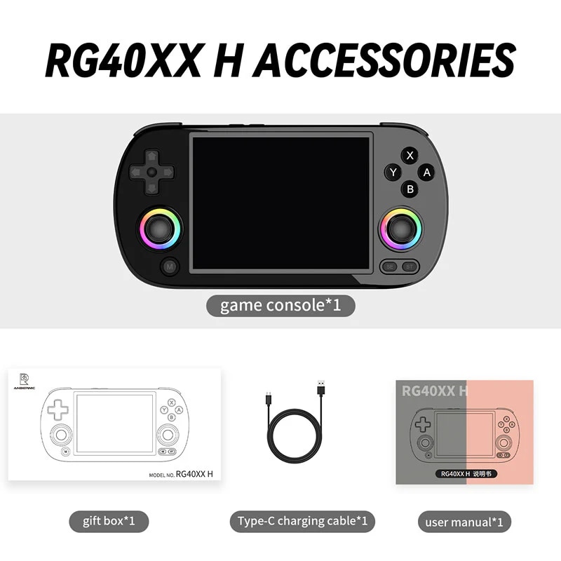 Consola retro portabila ANBERNIC RG40XX H cu jocuri, quad core Cortex-A53 1.5GHz, 1GB LPDDR4, IPS LCD 4" 640x480, 3200 mAh, WiFi 5, Bluetooth 4.2, negru