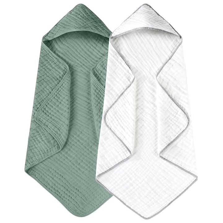 Set 2 prosop de baie cu gluga pentru bebelusi, din bumbac 100%, uper absorbante, hipoalergenice, JENUOS®, 80X80 cm, Verde/Alb