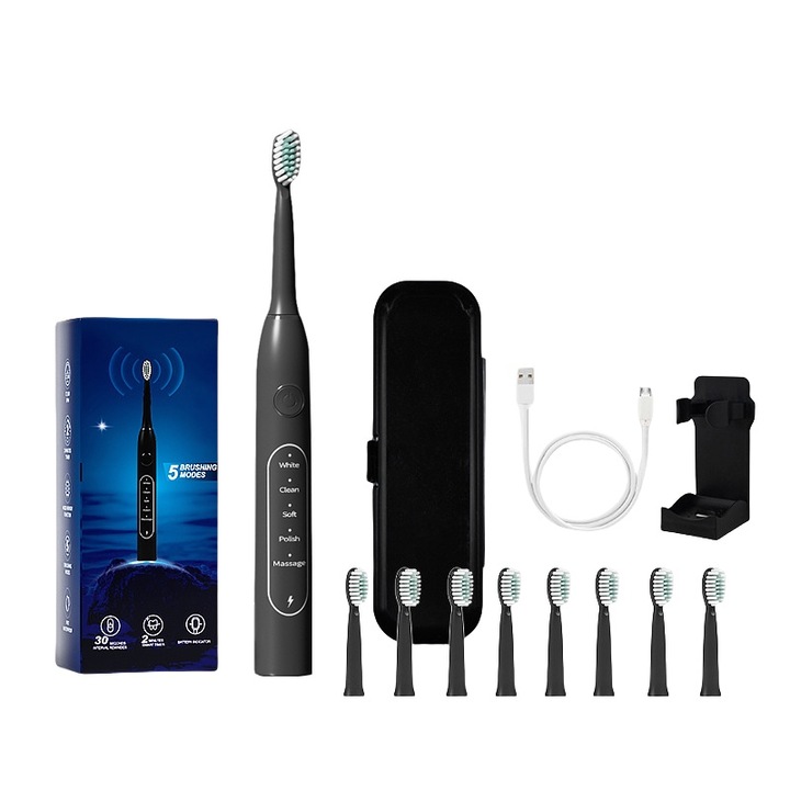 Periuta de dinti electrica, 17800 pulsatii/min, 5 programe, timer inteligent, 8 capete DuPont, negru